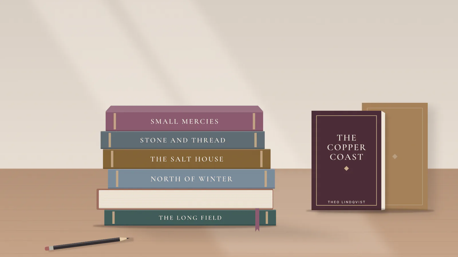 Illustration of a stack of 6 books on a wooden desk in window light, with two hardcover books standing beside it.